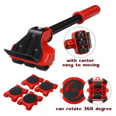 A furniture moving set featuring a red lifting bar and four wheeled corner dollies.