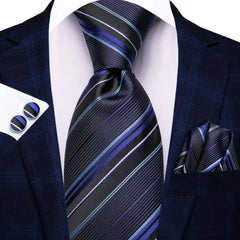 Hi - Tie Navy Blue Striped Silk Wedding Tie For Men Fashion Design Gift Men Necktie Hanky Cufflink Set Business Party Dropshiping - SHOWLU FASHION STORE