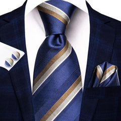 Hi - Tie Navy Blue Striped Silk Wedding Tie For Men Fashion Design Gift Men Necktie Hanky Cufflink Set Business Party Dropshiping - SHOWLU FASHION STORE
