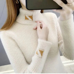 High Collar Pullover Sweater Women Mink Letter Jacquard Underlay Solid Western Knit Undercoat Autumn Winter Pullover Sweater - SHOWLU FASHION STORE
