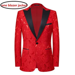 A red single-breasted blazer featuring a tonal rose jacquard pattern and black satin lapels.