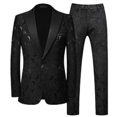 A black slim-fit men's suit featuring a subtle tonal rose jacquard pattern and a satin lapel.