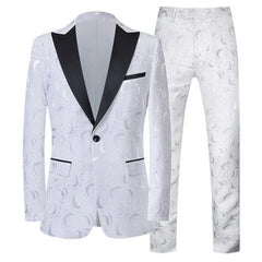 A white slim-fit men's suit featuring a jacquard rose pattern with a black lapel and single button.