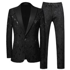 A black slim-fit men's suit featuring a tonal rose jacquard pattern and a single-button blazer.