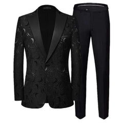 A black slim-fit men's suit featuring a jacquard patterned blazer and matching trousers.