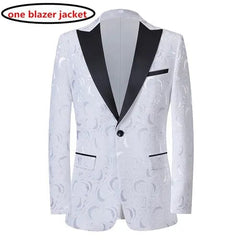 A white single-breasted blazer with a subtle floral jacquard pattern and black satin lapels.