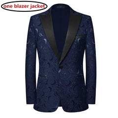 A navy blue men's blazer featuring a tonal jacquard floral pattern and black satin lapels.