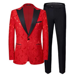 A red jacquard blazer with black lapels paired with matching black dress pants.