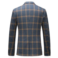 A blue men's suit jacket featuring a yellow plaid pattern, shown from the back.