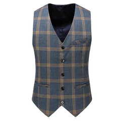 A blue men's suit vest featuring a yellow plaid pattern and a single-breasted button closure.