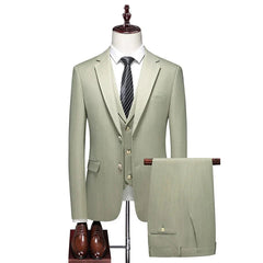 A light green pinstriped three-piece suit with a vest, jacket, and trousers on a mannequin.