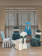 Five chairs are displayed in a room, each featuring a different color satin banquet chair cover.