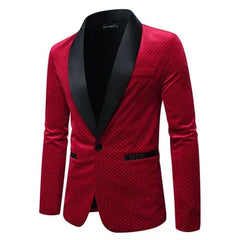 A burgundy velvet blazer for men featuring a black shawl lapel and a single-button closure.