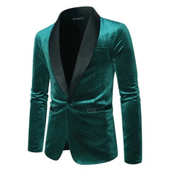 A green velvet blazer for men featuring a black shawl lapel and a subtle polka dot pattern.
