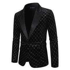 A black velvet men's blazer featuring a single-button closure and a gold diamond plaid pattern.