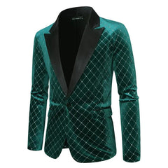 A green velvet blazer for men featuring a black lapel and a white diamond plaid pattern.