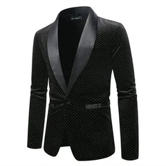 A black velvet blazer with a shawl lapel and subtle gold polka dot pattern.