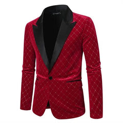 A burgundy velvet blazer for men featuring a black lapel, single-button closure, and plaid pattern.