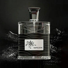 A rectangular glass perfume bottle with a black label featuring a horse rider and Napoleon text.