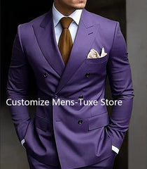 A man wears a purple double-breasted suit with a brown tie and a white pocket square.