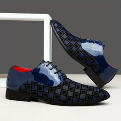 A pair of blue and black checkered lace-up dress shoes with a glossy finish and red interior.