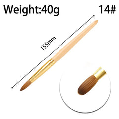 A 155mm acrylic nail brush with a wooden handle, gold ferrule, and pure Kolinsky hair bristles.