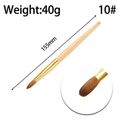 A Kolinsky hair acrylic nail brush with a wooden handle and gold-colored metal ferrule.