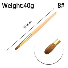 A 155mm acrylic nail brush with a wooden handle, gold ferrule, and pure Kolinsky hair bristles.