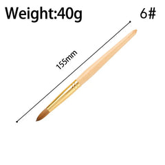 A wooden handled nail brush with a gold ferrule and brown bristles, measuring 155mm.