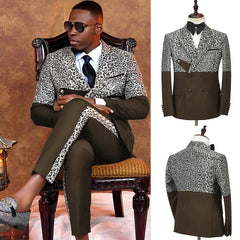 A man wears a two-piece suit featuring a leopard print upper section and solid brown lower section.