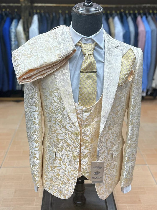 High Quality Floral Printed Wedding Men Suit Three - Piece Slim Fit Stage Costume Banquet Party Male Blazer Jacquard Fashionable - SHOWLU FASHION STORE