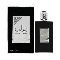A black rectangular perfume bottle and its matching box labeled Ameer Al Arab with silver accents.
