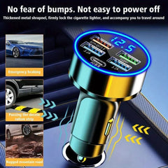 A four-port car charger with a digital voltage display and metallic finish.
