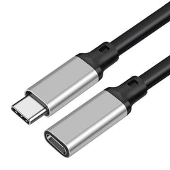 A black USB-C male to female extension cable with silver aluminum alloy connectors.