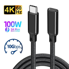 A black braided USB-C male-to-female extension cable with metallic connectors.