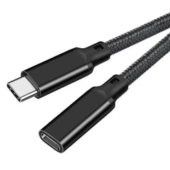 A black USB-C male to female extension cable with a braided cord.