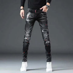 High Street 2022 Fashion Casual Ripped Jeans Men's Patch Teenagers Cowboy Paint Splash Ink Black Pencil Pants Skinny Jeans Men - SHOWLU FASHION STORE