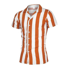 A short-sleeved button-down shirt with a vertical orange and white striped pattern and a lapel.