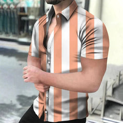 A man wears a short-sleeved button-down shirt featuring a vertical peach and white striped pattern.