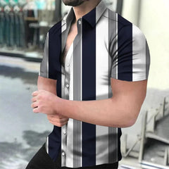 A man wears a short-sleeved button-down shirt featuring a vertical black and white striped pattern.