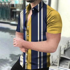 A man wears a short-sleeved button-down shirt featuring a vertical striped pattern in navy and yellow.