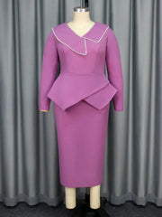 A long-sleeved, ankle-length purple sheath dress with a V-neck, beaded trim, and peplum waist.