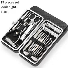 A 19-piece stainless steel manicure and pedicure set organized in a black leather case.
