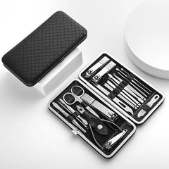 An 18-piece stainless steel manicure set in a black textured leather carrying case.