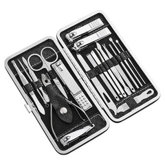 An 18-piece stainless steel manicure and pedicure grooming set in a black storage case.
