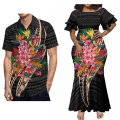 A man wearing a short-sleeved shirt and a woman in a maxi dress, both with matching floral prints.