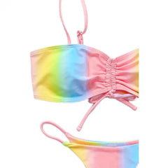 A pastel rainbow tie-dye bikini top with a ruched center and thin straps.