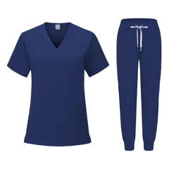 A navy blue women's scrub set featuring a V-neck top and matching jogger-style pants.