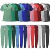 A collection of women's jogger scrub sets in various solid colors displayed as tops and pants.
