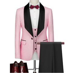 A pink patterned tuxedo suit with a black shawl lapel, vest, trousers, and a bow tie.